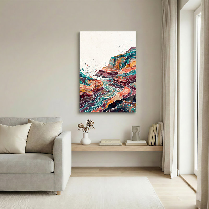 Tableau abstrait sur toile aux couleurs turquoise et rouille, représentant un mouvement fluide, 24"H x 16"W