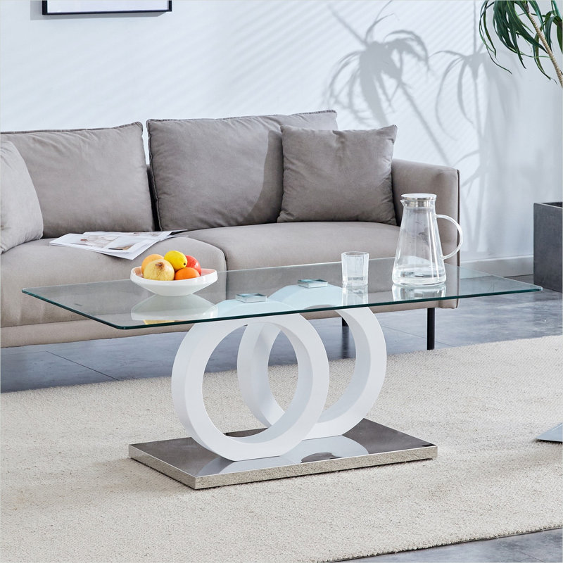 Table basse pour les salons et les salons, base classique en panneau de fibres à densité moyenne blanche avec plateau en verre transparent, design rectangulaire moderne de 47,2 pouces