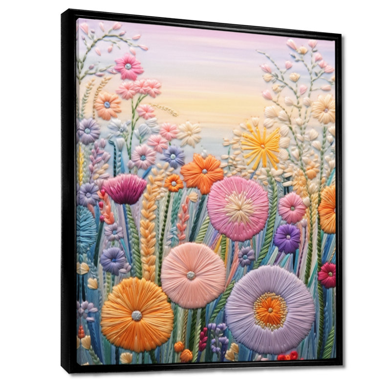 Broderie de fleurs pastel printanier II - fleurs sauvages dans le salon, Toile avec cadre flottant noir