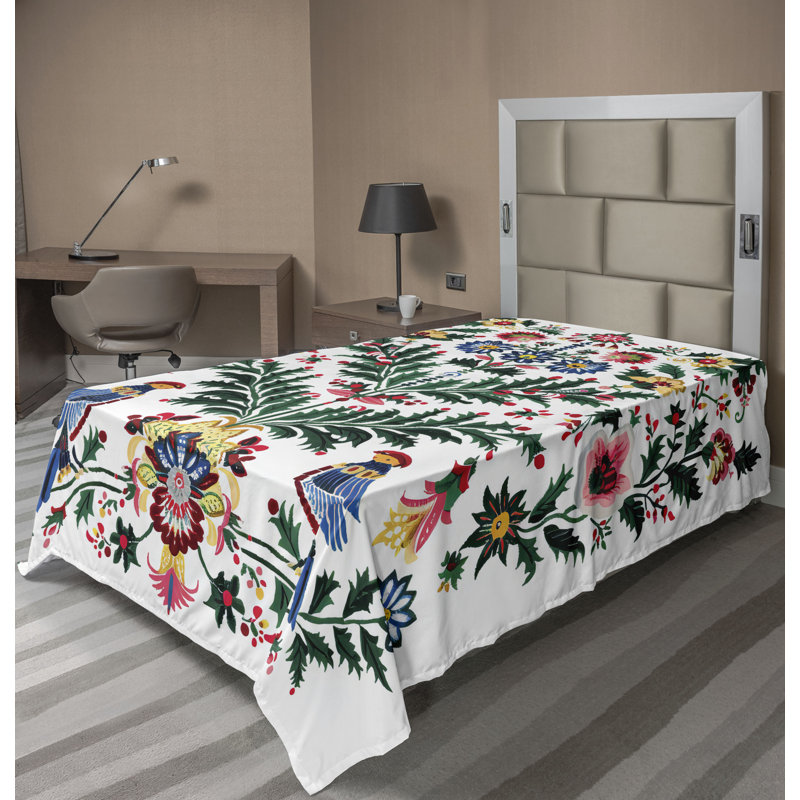 Drap plat moderne de style bohème Ambesonne, Drap plat pour lit simple, Motif floral vert / blanc