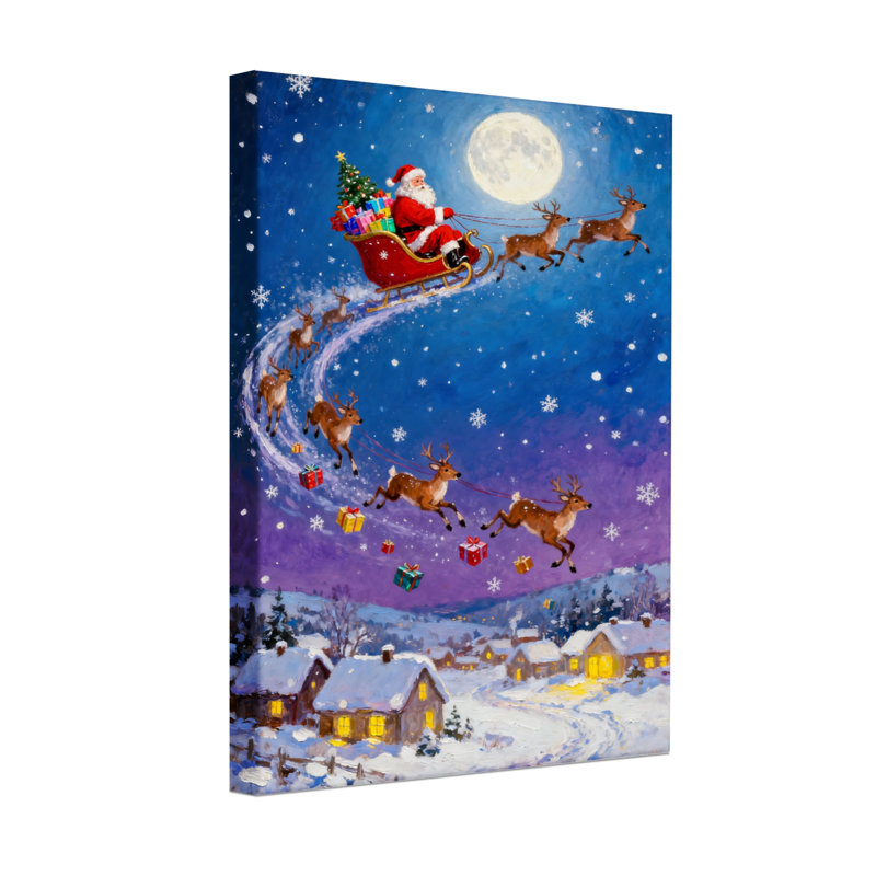 Noël, père Noël, renne, traîneau, lune, neige, village
