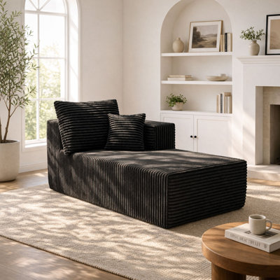 Right Facing Lounge Chaise Single Recliner Daybed Indoor,38.5-Inch Plush Corduroy Upholstered Boneless Recliner Foam Cloud Chair Chaise Pillow for Bedroom（Black）