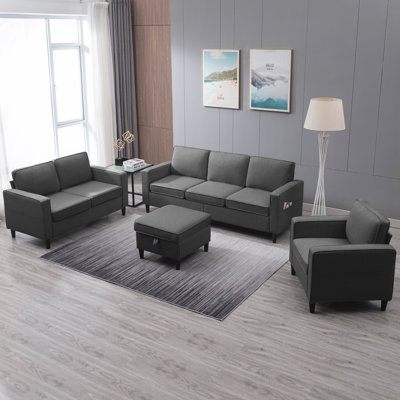 Raylina 4-Piece Linen Living Room Set with Storage Ottoman, Upholstered Sectional Sofa & Loveseat &Single Sofa for Small Spaces, Dark Gray