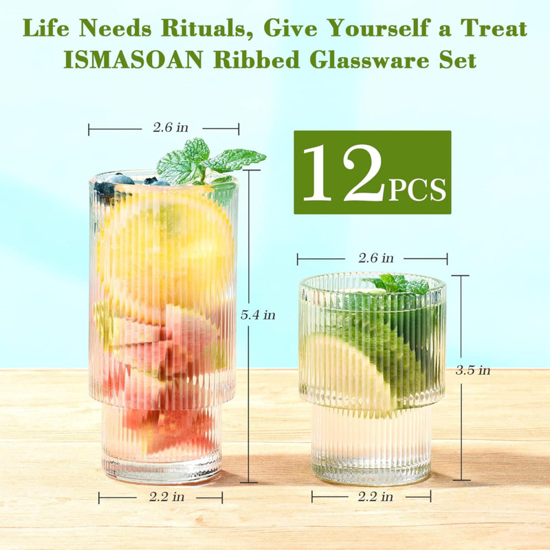 Ribbed Glassware Set Of 12,Glass Cups 12 Oz And 7 Oz,Fluted Glassware,Ribbed Drinking Glasses,Stackable Glasses,Ripple Glassware,Gift Box Set