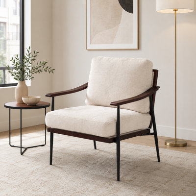 Fauteuil simple rembourré en lin avec accoudoirs en bois massif, finition blanc pur, design Mid-Century moderne pour le salon de la chambre à coucher