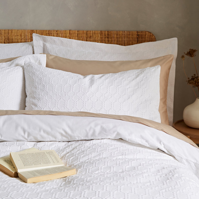 Waffle Cotton Circle 100% Cotton Duvet Cover Set with Pillowcases, Double Duvet Cover + 2 Standard Pillowcases, White