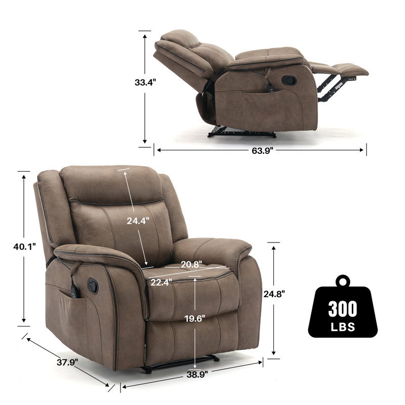 Abbagail 38.9" Wide Overstuffed Faux Leather Manual Recliner with Massage and Heating, Brown