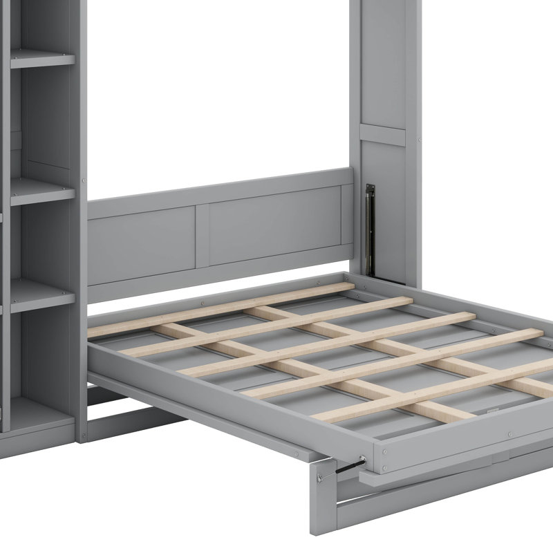 Lit escamotable double pleine grandeur avec tablettes, garde-robe et lumières DEL, solution compacte tout-en-un, Gris