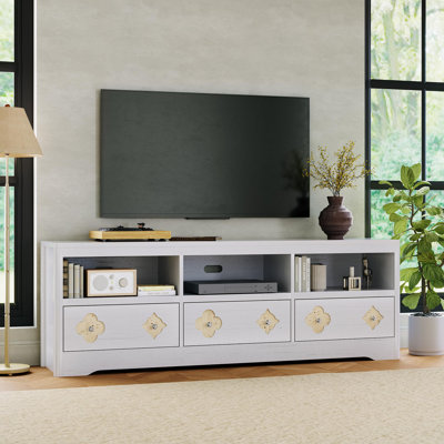 Meuble télé 70 po pour téléviseur de 85 po ou moins, meuble de divertissement moderne Mid-Century avec tiroir de rangement et tablettes ouvertes