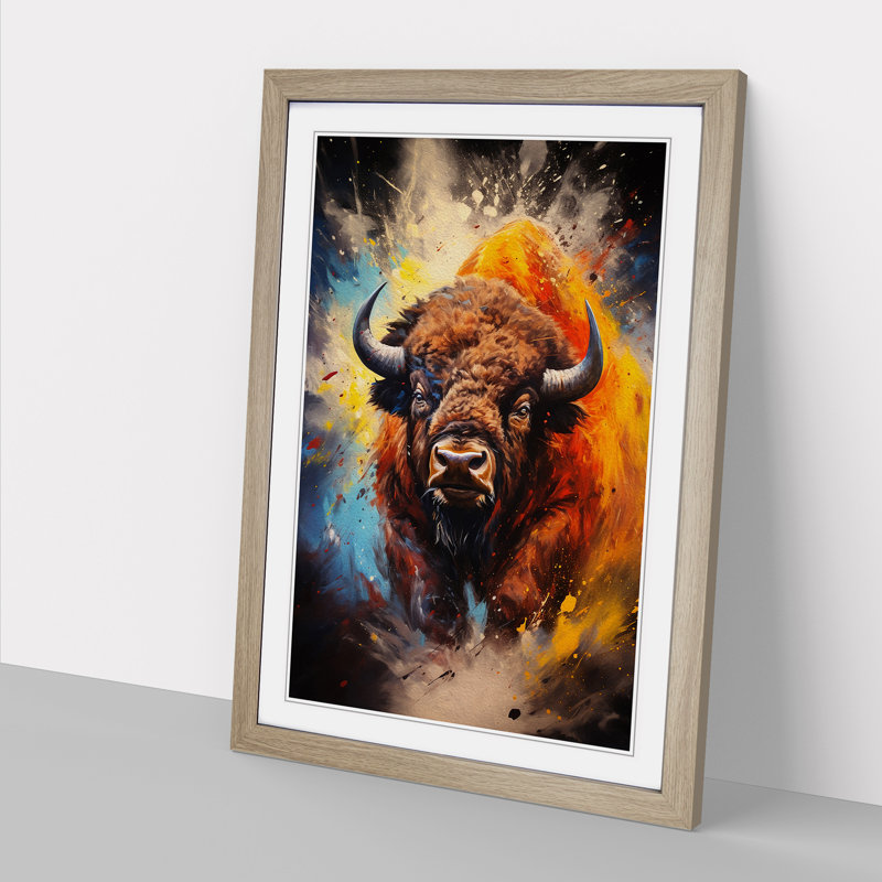 Buffalo Action Painting Art - Framed Print, 64cm H x 46cm W x 2cm D, Oak Framed