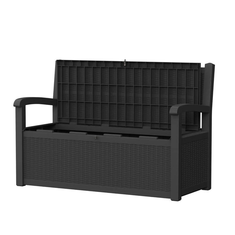80 Gallon Rattan-style Lockable Outdoor Storage Bench, Water Resistant Resin, Black