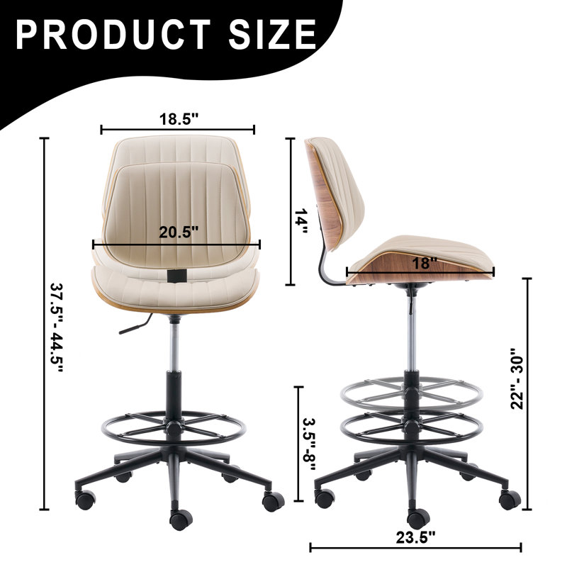 Adjustable Ergonomic Drafting Chair With Footrest Ring, 360° Swivel Armless Tall Office Chair With Bent Wood, Ivory