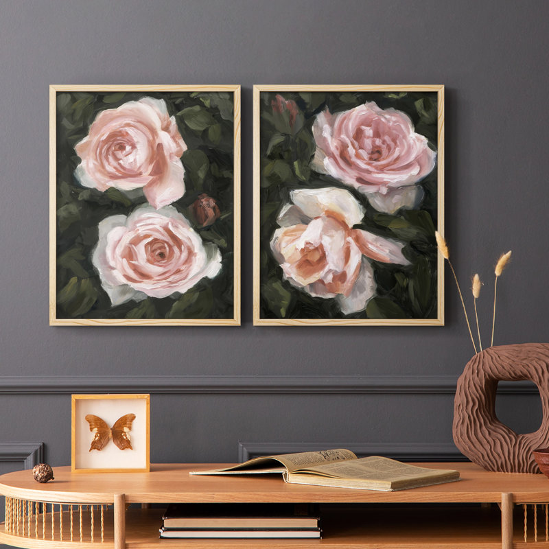 «Peachy Roses I», reproduction encadrée de qualité supérieure - prête à être accrochée - aucun clou requis - aucun clou requis