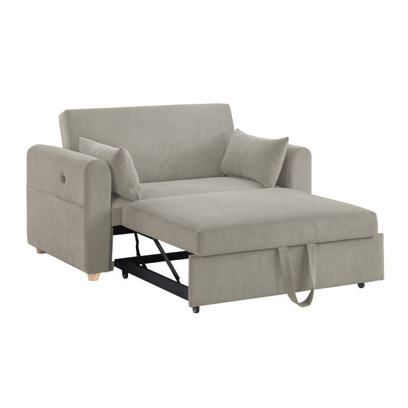 Causeuse convertible en velours côtelé l 55 po avec ports USB, pochettes pour magazines et coussins, Gris