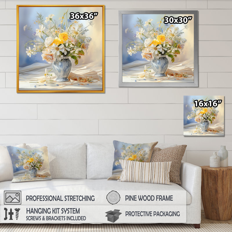 Élégant bouquet de fleurs, charme champêtre - Art mural sur toile, Cadre doré simple, H 24 po x l 24 po x P 1 po