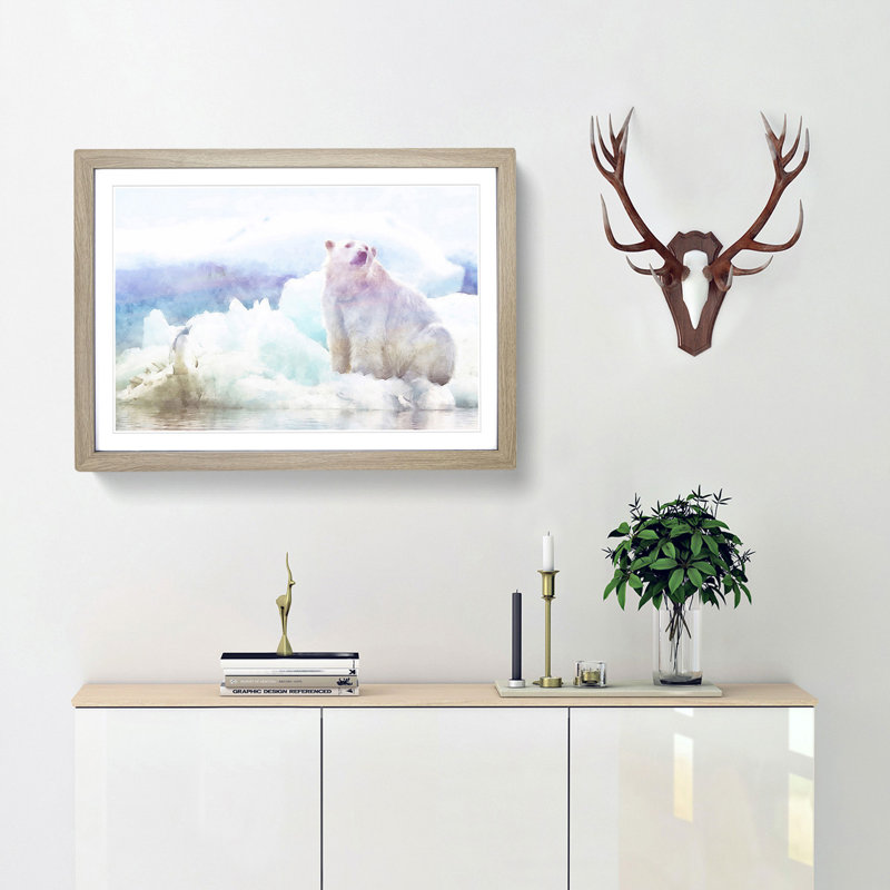 Penguin & Polar Bear - Single Picture Frame Painting on MDF, 62cm H x 87cm W x 2cm D, Oak Framed