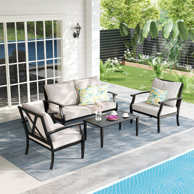 4 - Person Patio Conversation Sets with Ticker Cushions Beige