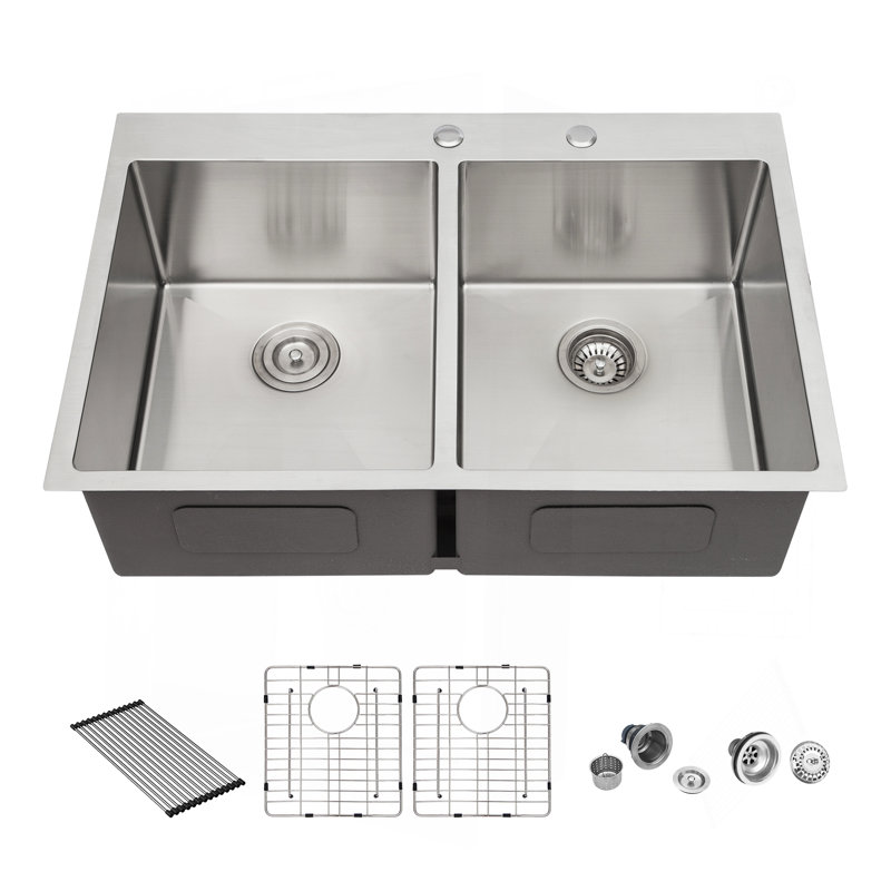 Évier de cuisine à double cuve (50/50) encastrable 33 po x 22 po x 10 po en acier inoxydable de calibre 16 avec deux cuves profondes de 10 po