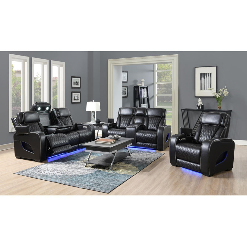 Montenegro 3 Piece Faux Leather Reclining Living Room Set, 3 Pieces: Sofa, Loveseat, Chair, Black