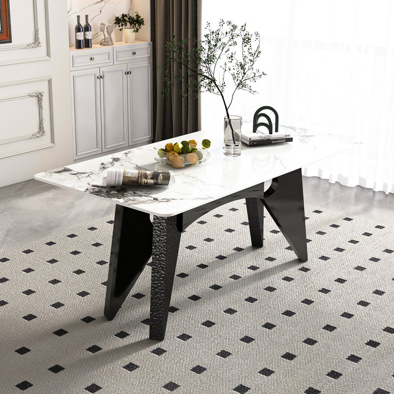 Table de salle à manger de luxe de 79 po pour 6 à 8 personnes, en pierre frittée rectangulaire dorée avec base en acier inoxydable robuste de 6 à 8 po, pieds robustes, surface d'usure