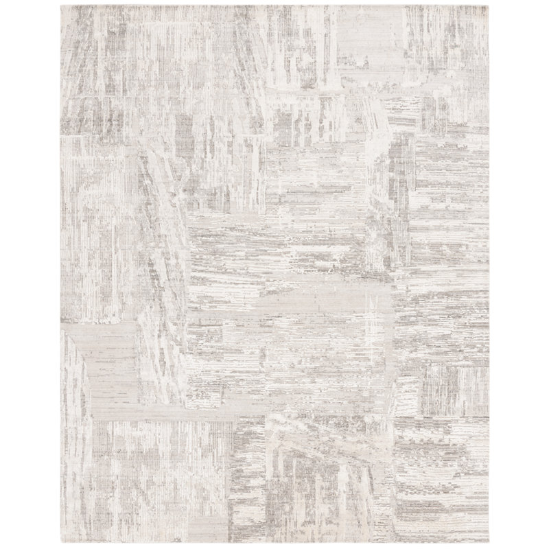 Large Grey and Ivory Abstract Wool Viscose Cotton Rug