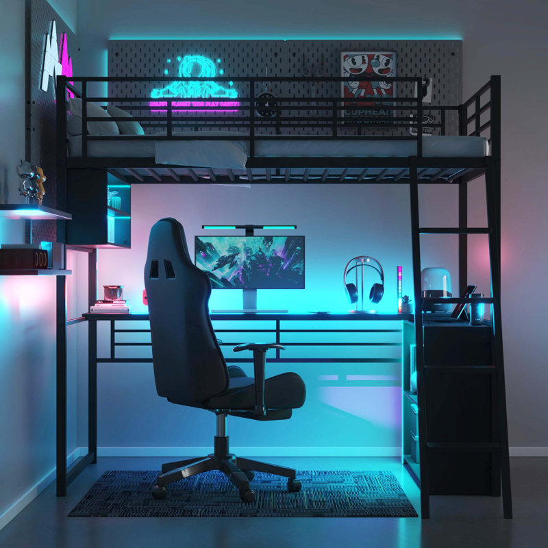 Lit mezzanine simple en métal avec éclairage DEL, bureau et 4 tablettes de rangement, noir