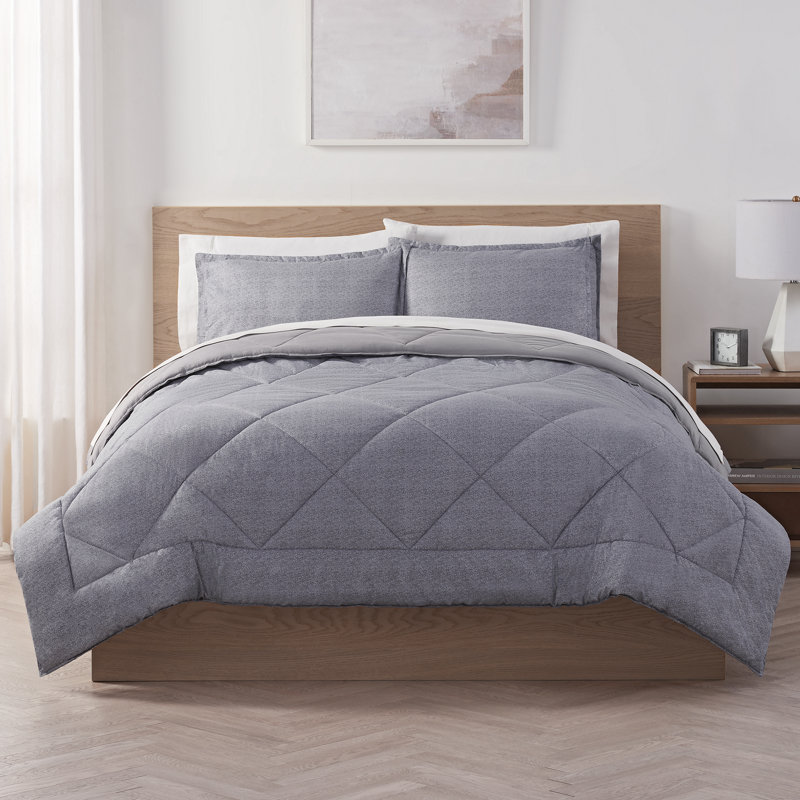 Serta Supersoft Cooling Bed Set, Reversible Bedding Comforter and Solid Sheet Set, King, Light Gray