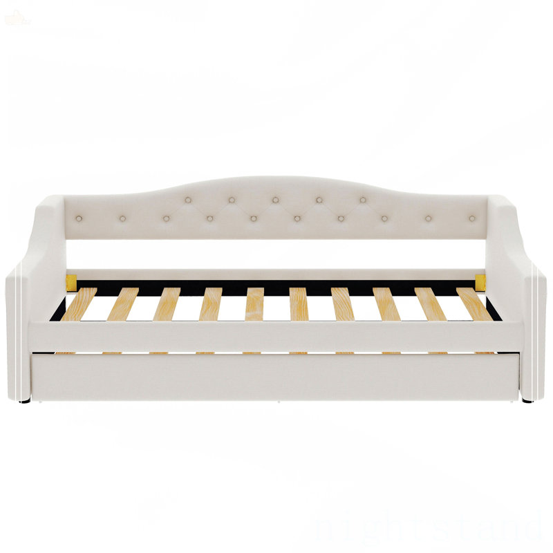 Upholstered Twin XL Size Daybed With LED Belt And Trundle, Beige