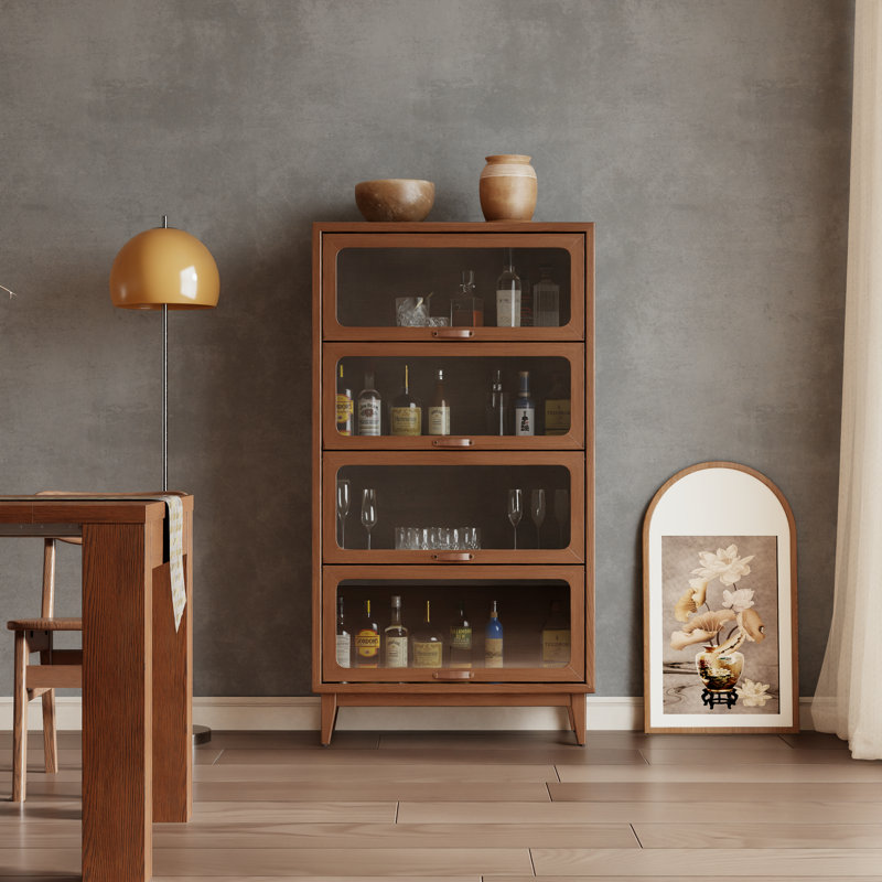 Solid Wood 4-Tier Flip-Top Glass Door Bookshelf Cabinet, Mid-Century Modern Display Storage Cabinet, Brown