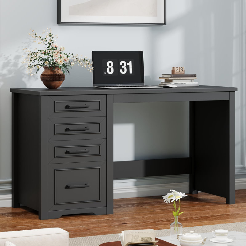 Farmhouse 49” Executive Desk With File Drawer, 4 Drawers Reversible Computer Desk, Black