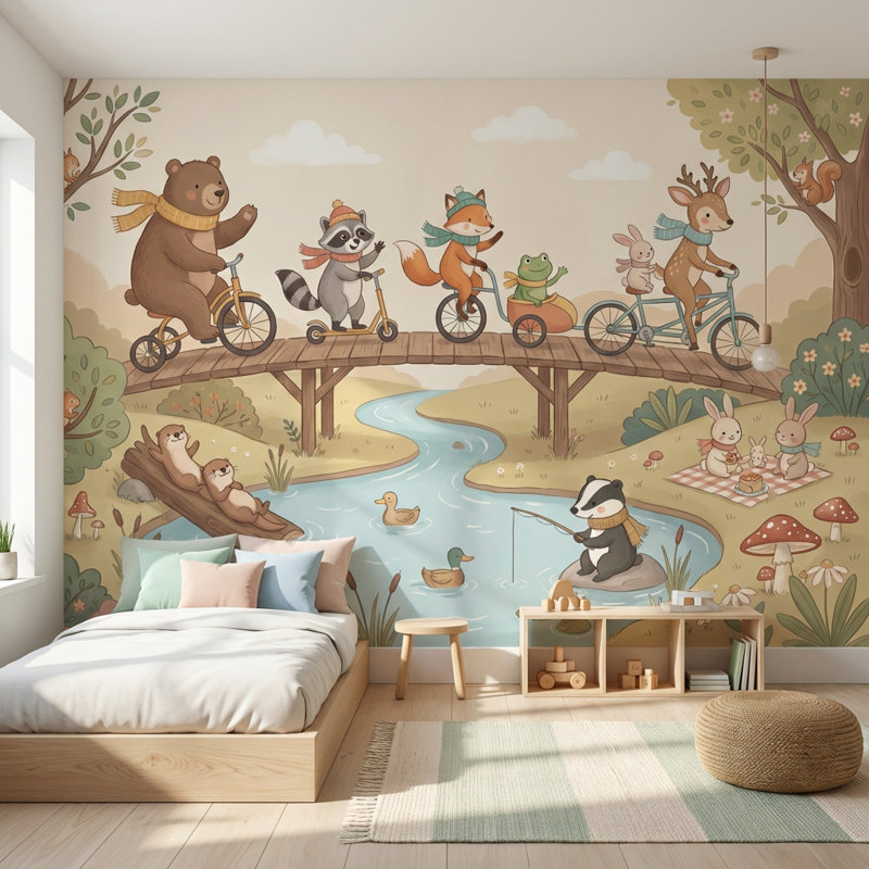 Papier peint ciel nuageux avec animaux de la rivière, 160 po x 108 po, Peler et coller
