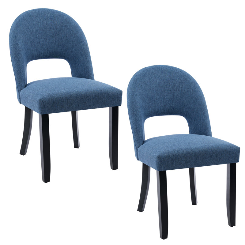 Chaises de salle à manger rembourrées en lin avec dossier haut incurvé et pieds en bois massif, Bleu, Noir