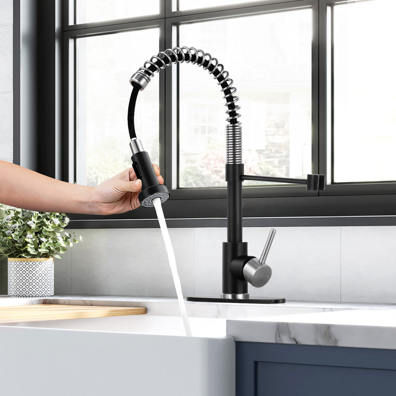 HGN Kitchen Faucet with Pull Down Sprayer, Stainless Steel Single Handle Kitchen Faucet, Black/Brushed Nickel