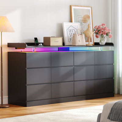 6-Drawer 63" W Modern Dresser With Built-In Power Outlet And LED Light For Bedroom, Living Room