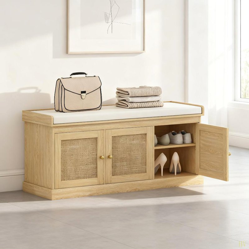 Banc de rangement pour chaussures avec portes en rotin tissé, banc pour chaussures, Brown, White