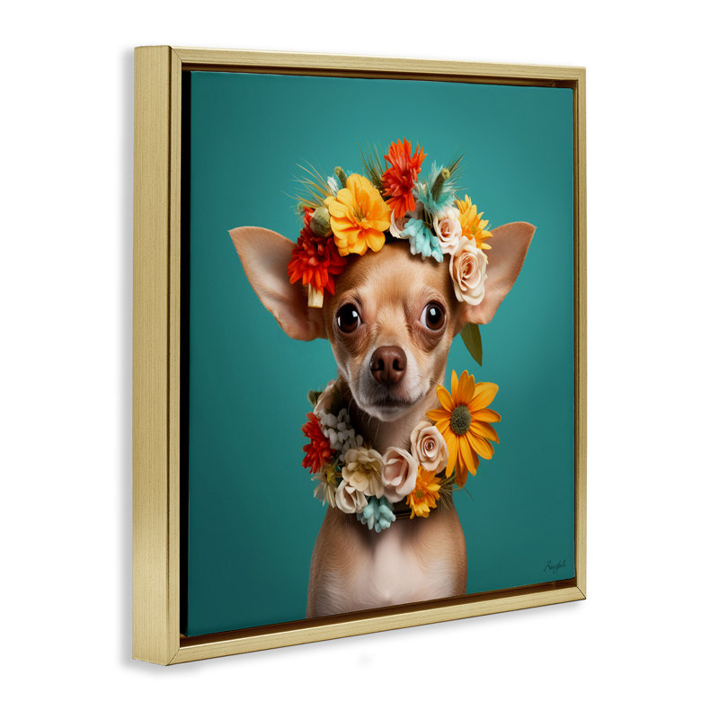 Portrait floral de chihuahua, Cadre flottant métallique doré, 25" H x 25" W