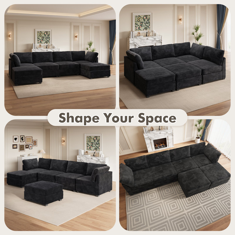 Cloudelle 6 - Piece Corduroy Fabric Sectional - Easy Assembly, Black Plus Corduroy