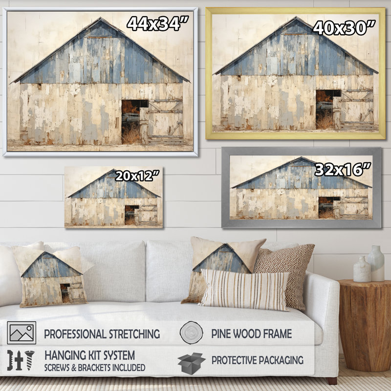Beige et bleu grange - art mural de grange, Toile tendue, H 24 po x l 32 po x P 1 po