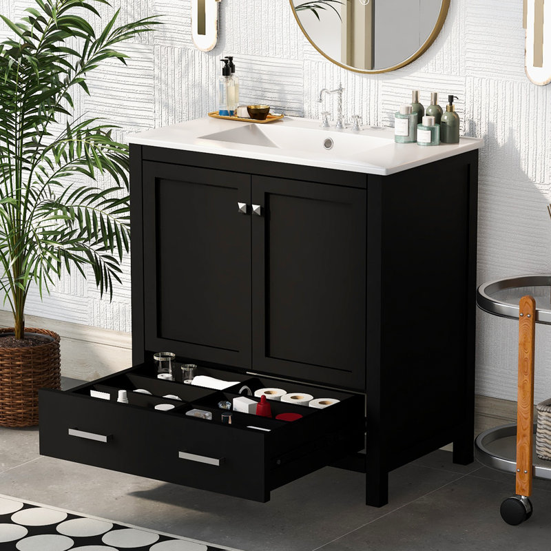 30.02'' Single Bathroom Vanity with Ceramic Top, Black