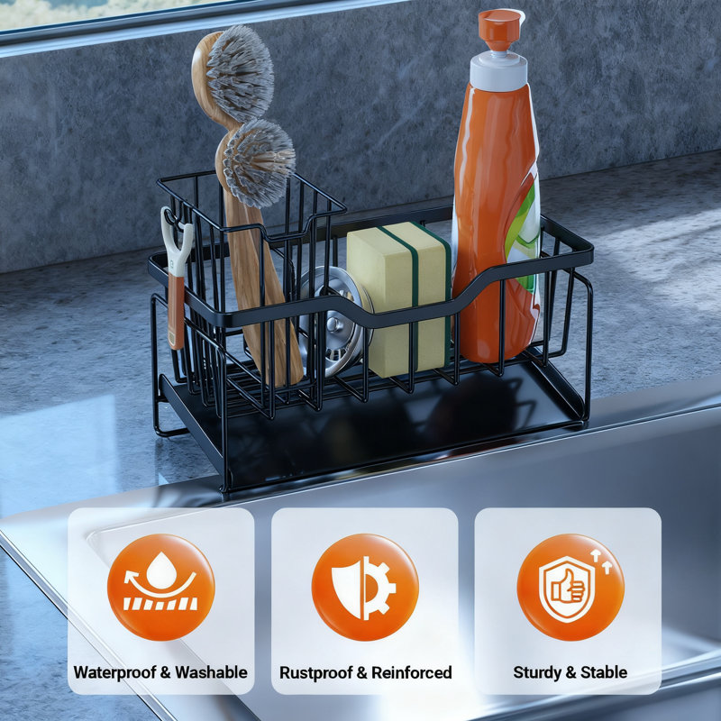 Kitchen Sink Caddy Organizer With Drain Tray, Rustproof Sponge And Brush Holder, Anti-Slip Sink Organizer For Instant Dry Storage And Countertop Protection