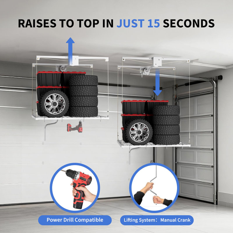 Support de rangement pour garage suspendu 4 x 4 pi avec support à manivelle et capacité de 350 lb, Blanc