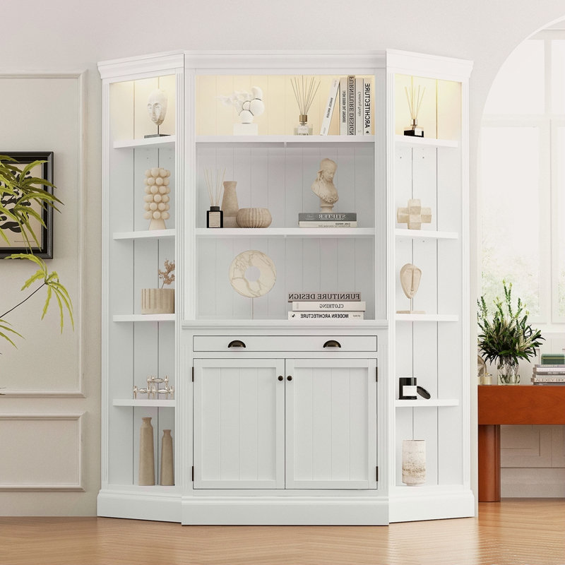 83.4"Tall Bookshelf With Two Corner Shelf Suite,Bookcase With 2 Doors And 1 Drawer,5-Tier Corner Shelf With Open Shelves,Free Standing Shelves Suite With LED Lighting For Living Room,Office,