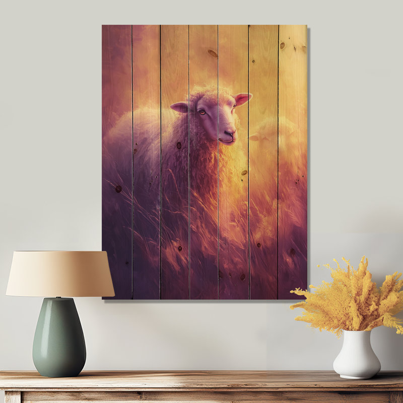 Lavender Sheep At Sunrise I - Sheep Wood Wall Decor - On Natural Pine Wood, 20" H x 10" W x 0.78" D