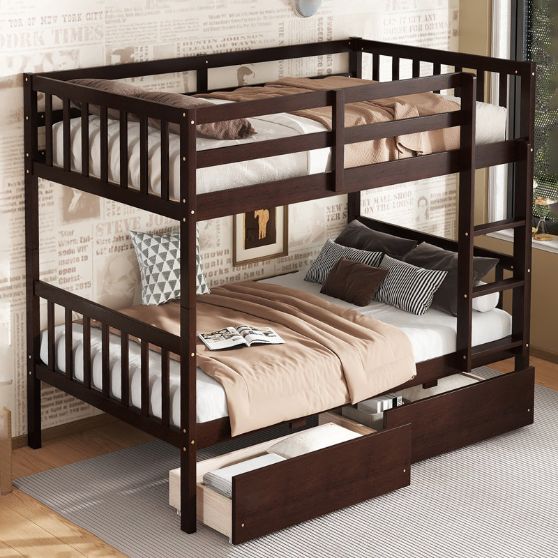 Lit superposé simple au-dessus de simple en bois massif avec tiroirs, Espresso