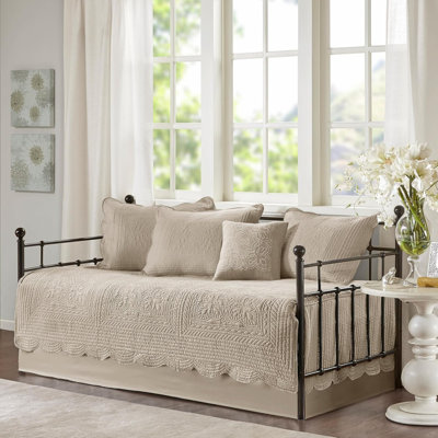 Daybed Cover Set Damask Quilted Cover For Daybeds, All Season, Pre-Washed Cotton-Filled Coastal Bedding With Scallop Edge, Shams, Bedskirt, Décor Pillows, Tuscany, Daybed Khaki 6 Piece