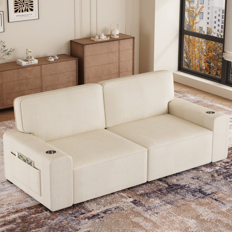 Modern 220CM 3-Seater Corduroy Sofa With Ultra-Wide Square Armrests, Cup Holders and Storage Pockets, Beige