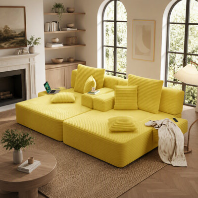 Canapé-lit double surdimensionné en velours côtelé moelleux, canapé-lit convertible avec poches de rangement et 3 coussins moelleux, multifonctionnel pour appartement, cinéma maison, dortoir, jaune