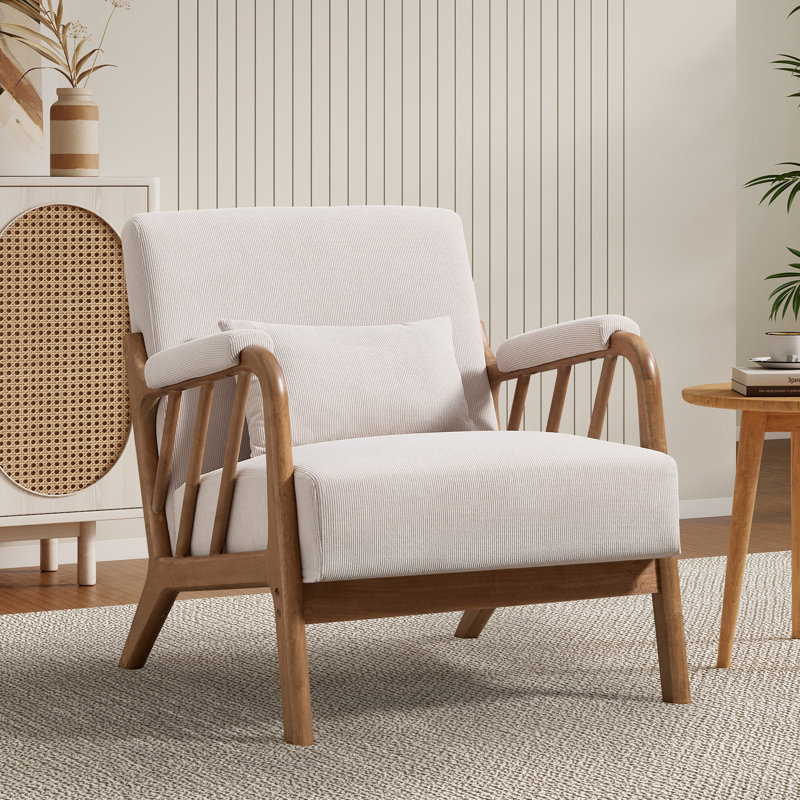 27.17" Wide Modern Upholstered Solid Wood Accent Chair With An Extra Pillow, Beige Corduroy