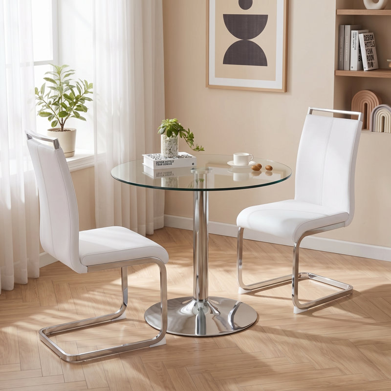 Ensemble de salle à manger 3 pièces en verre trempé rond moderne avec chaises en porte-à-faux en similicuir , Blanc