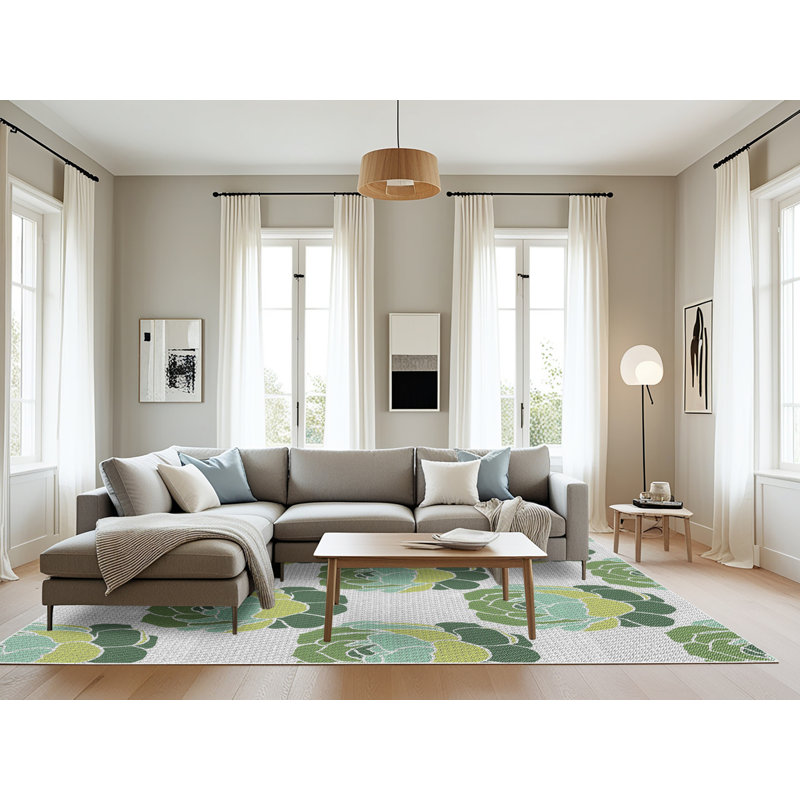 Tapis vert à motif floral, Rectangle 8 pi x 12 pi